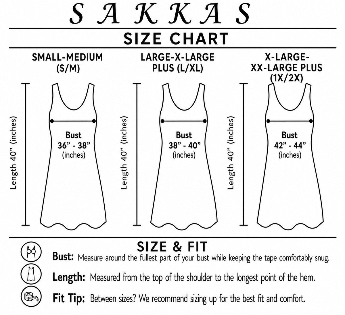 Sakkas size chart for Maya rayon dress: bust and length measurement guide
