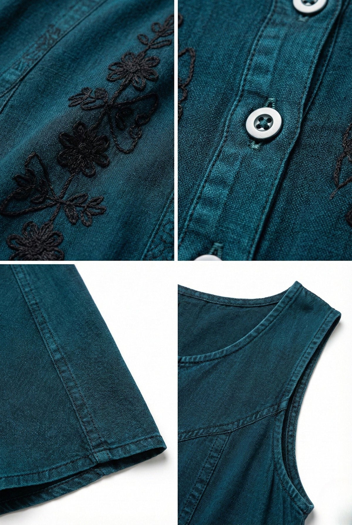 Teal dress close-up: floral embroidery and white button front detail