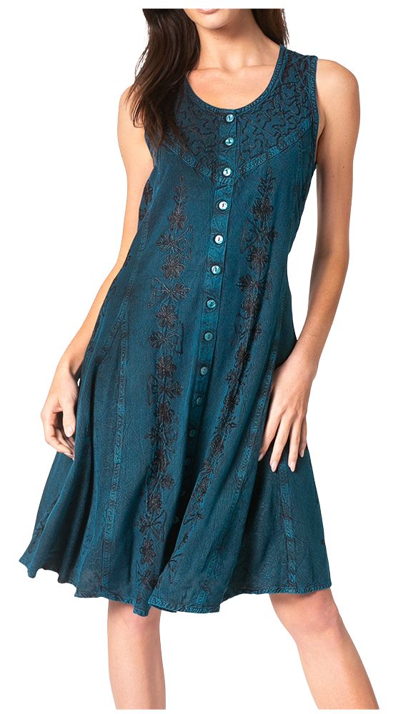 Teal rayon midi dress, sleeveless with button front and floral embroidery