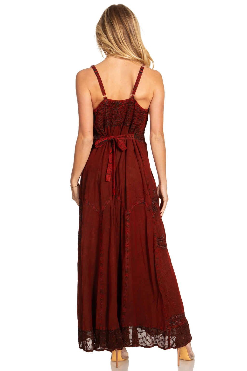 Burgundy long dress with adjustable spaghetti straps and tie-front at back neckline