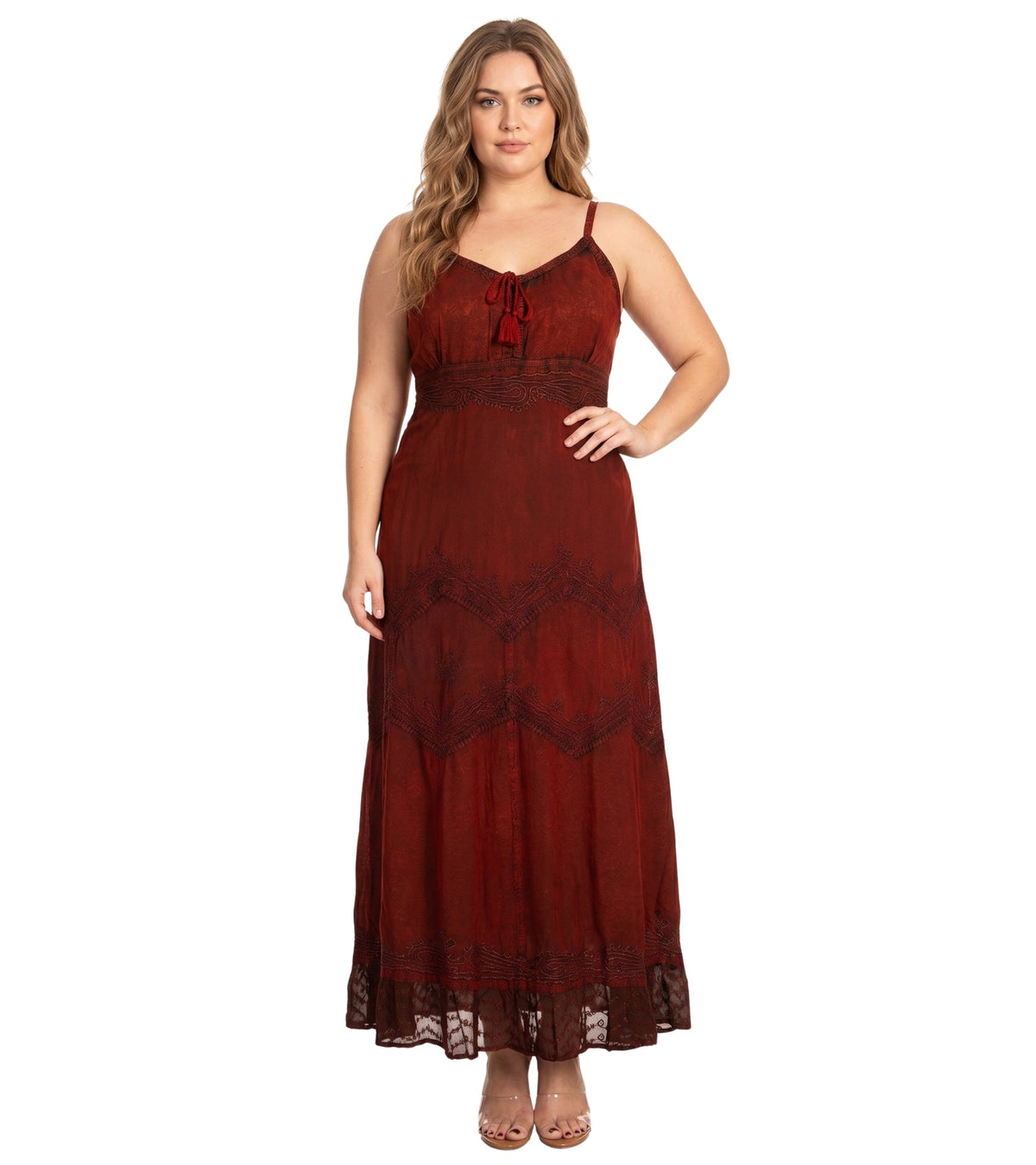 Burgundy sleeveless long dress with adjustable spaghetti straps and embroidered detailing