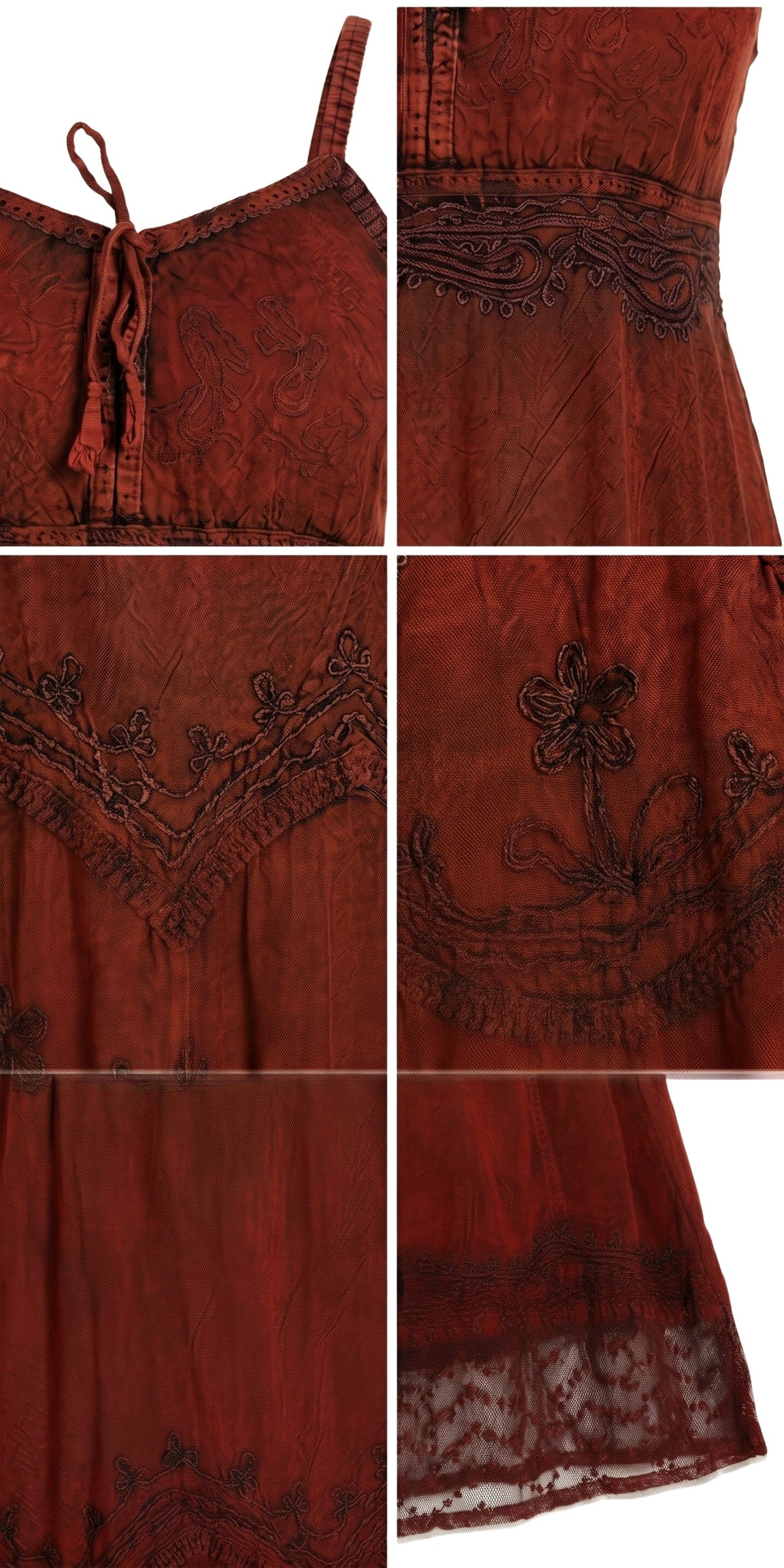 Burgundy sleeveless dress with spaghetti straps, tie neckline, and floral embroidery