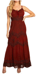 Burgundy long dress with spaghetti straps, embroidered yoke, and tiered hem
