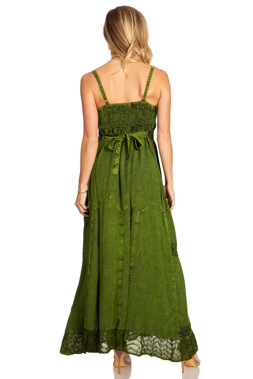 Green long dress with adjustable spaghetti straps and gathered back bow tie
