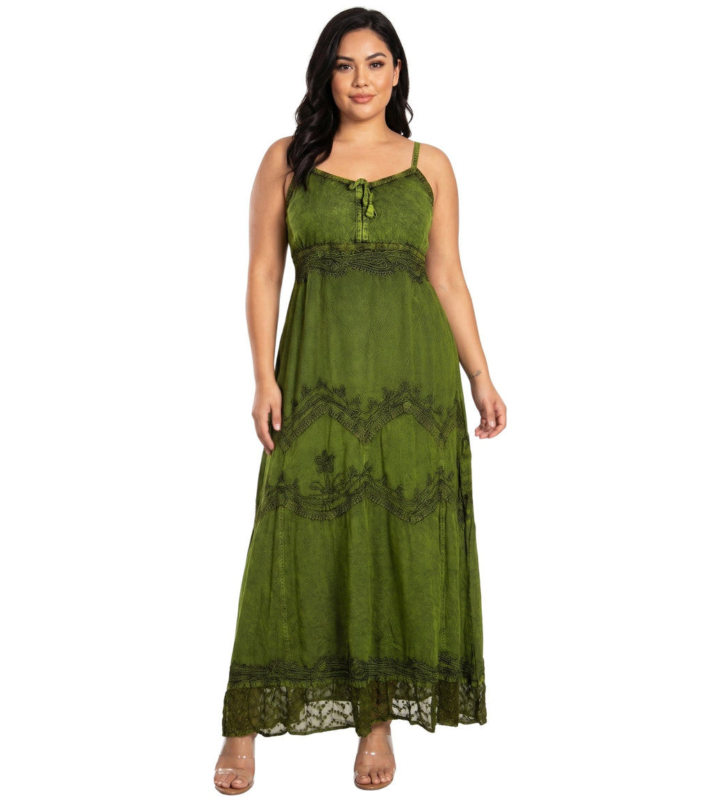 Green long dress with spaghetti straps, embroidered bodice, and flowing tiered skirt