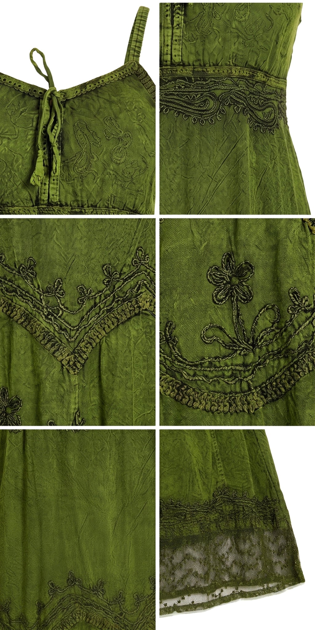 Green stonewashed rayon long dress with embroidered hem and adjustable spaghetti straps