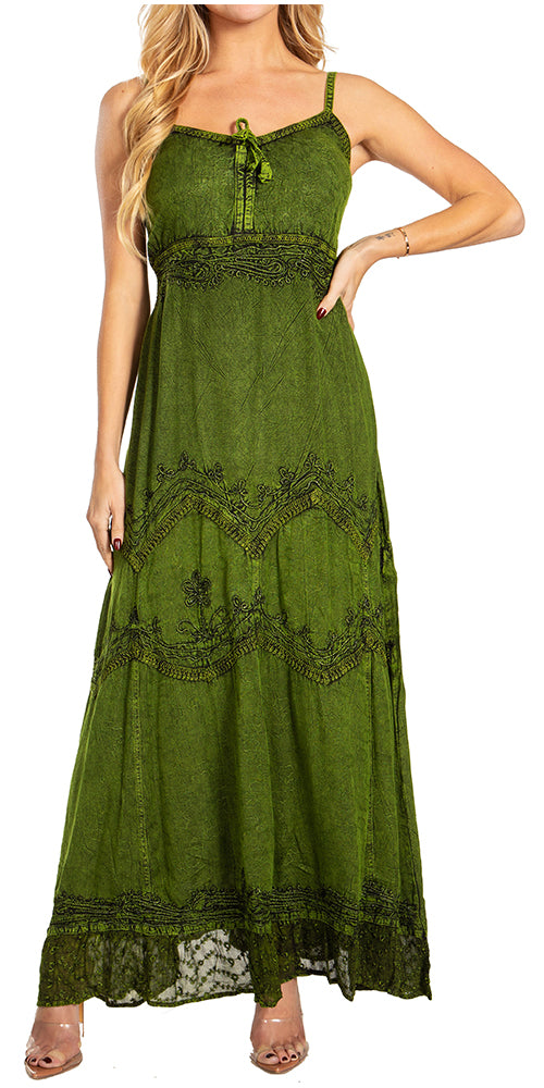 Green long dress with adjustable spaghetti straps and embroidered tiered hem