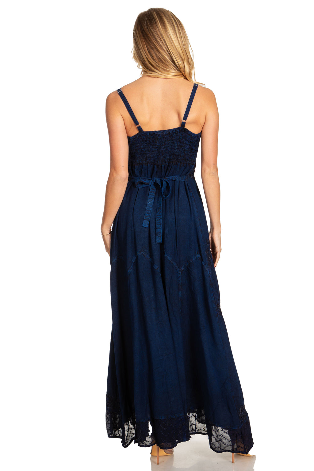 Navy stonewashed rayon long dress back view with adjustable spaghetti straps and embroidery