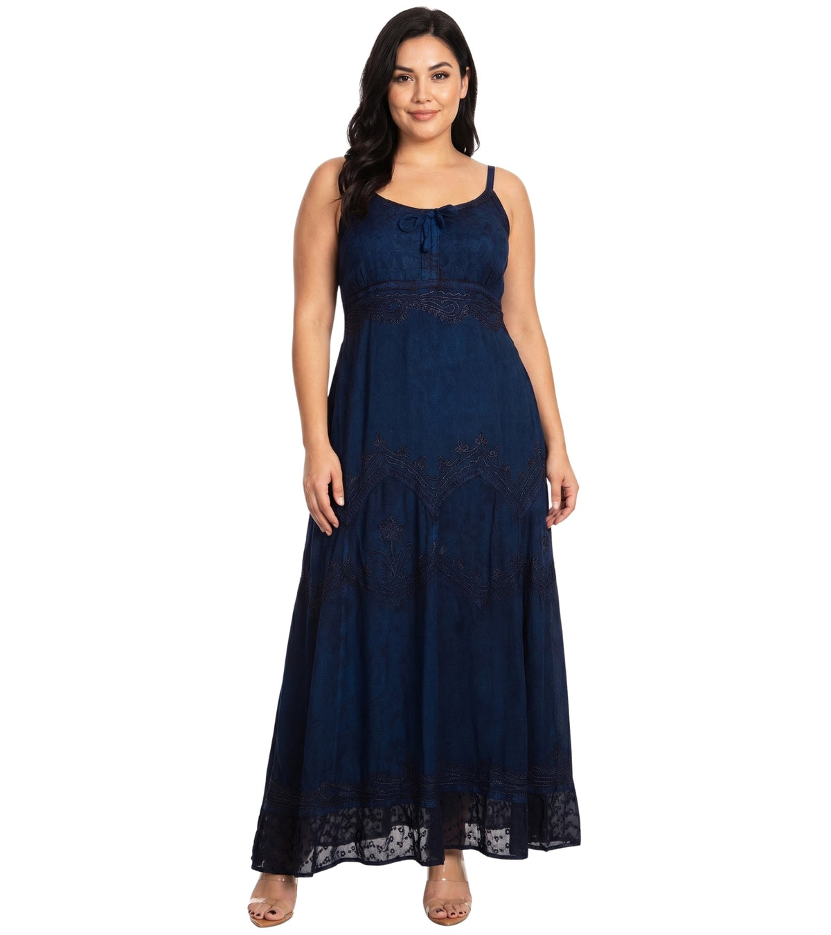 Navy stonewashed rayon long dress with embroidered panel and adjustable spaghetti straps