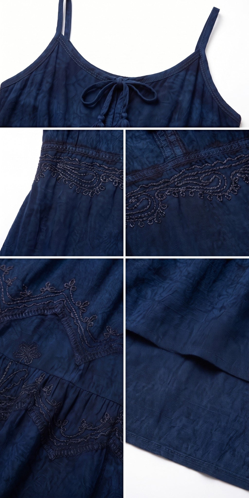 Navy spaghetti-strap dress close-up with embroidered bodice and tie neckline