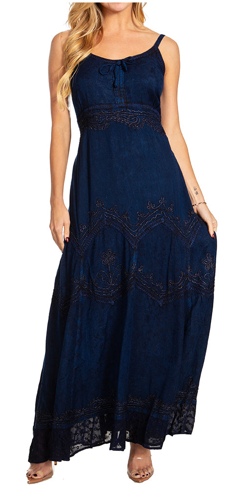 Navy stonewashed rayon long dress with embroidered bodice and adjustable spaghetti straps