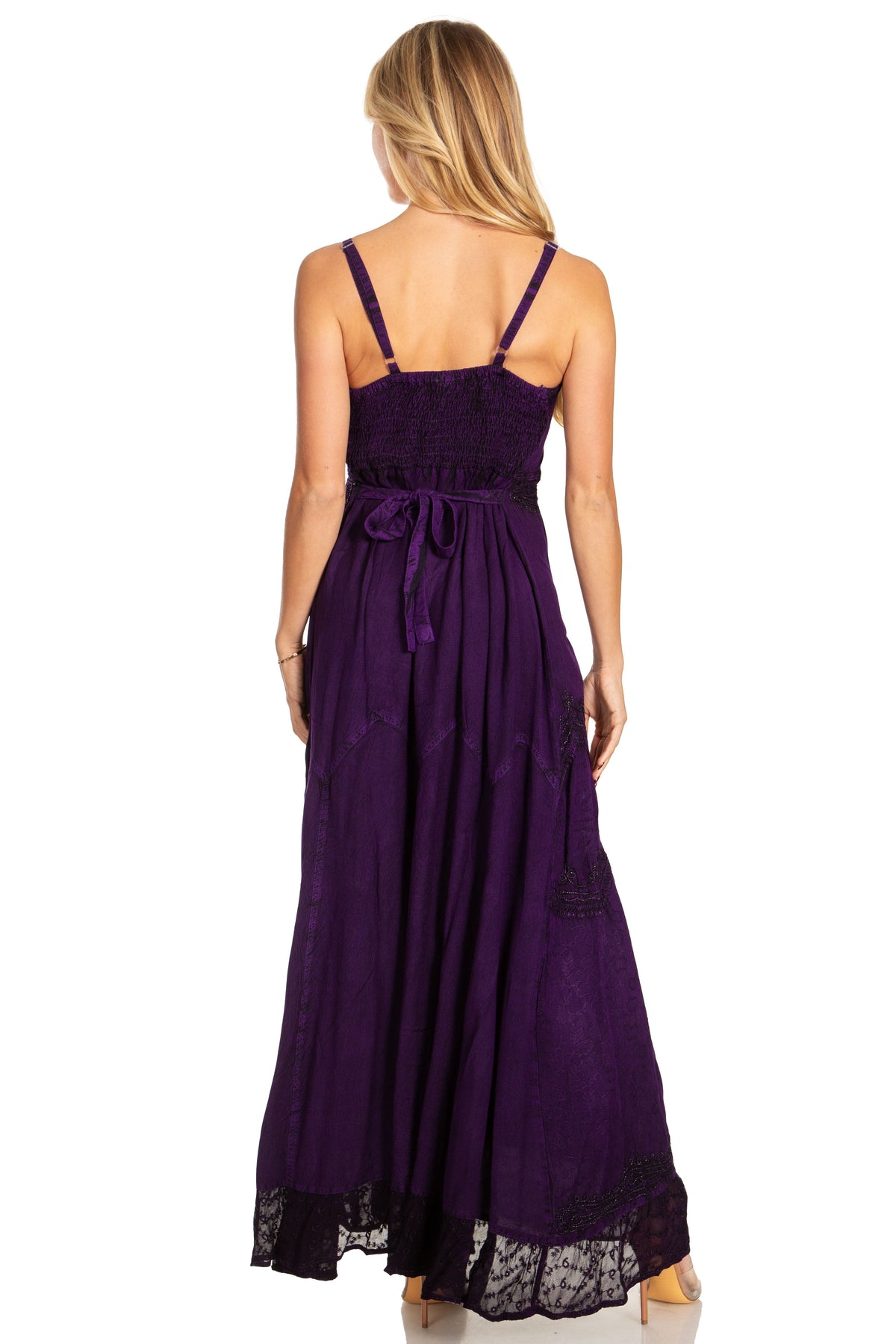 Purple stonewashed rayon long dress back view with adjustable spaghetti straps