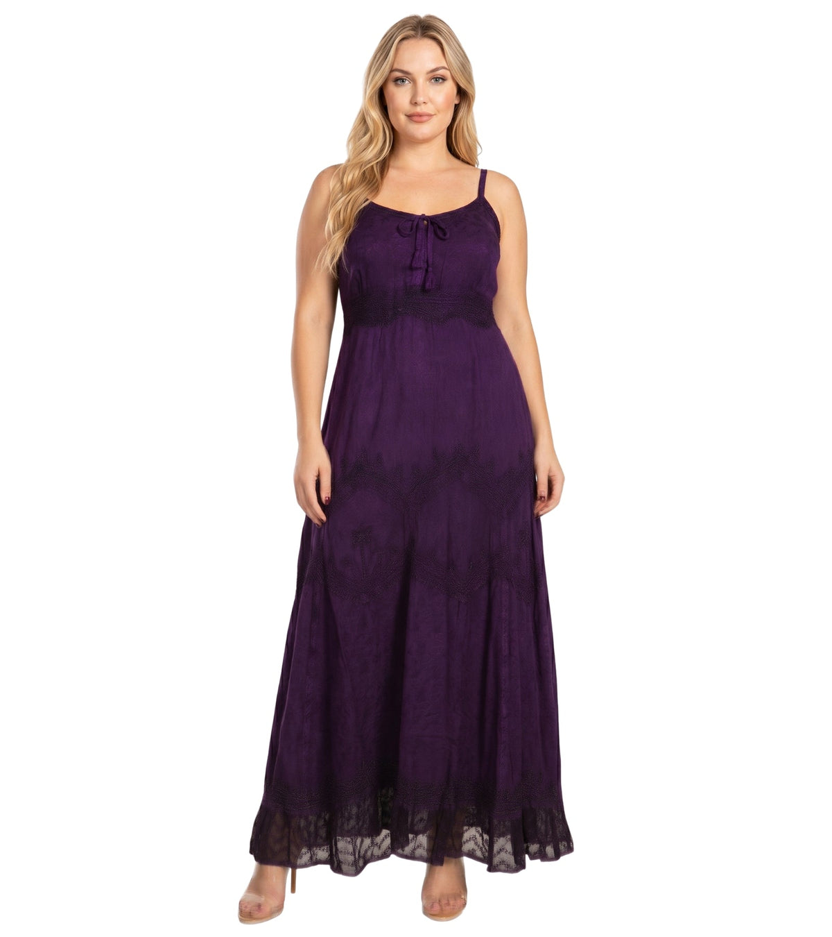 Purple long rayon dress with adjustable spaghetti straps and embroidered yoke