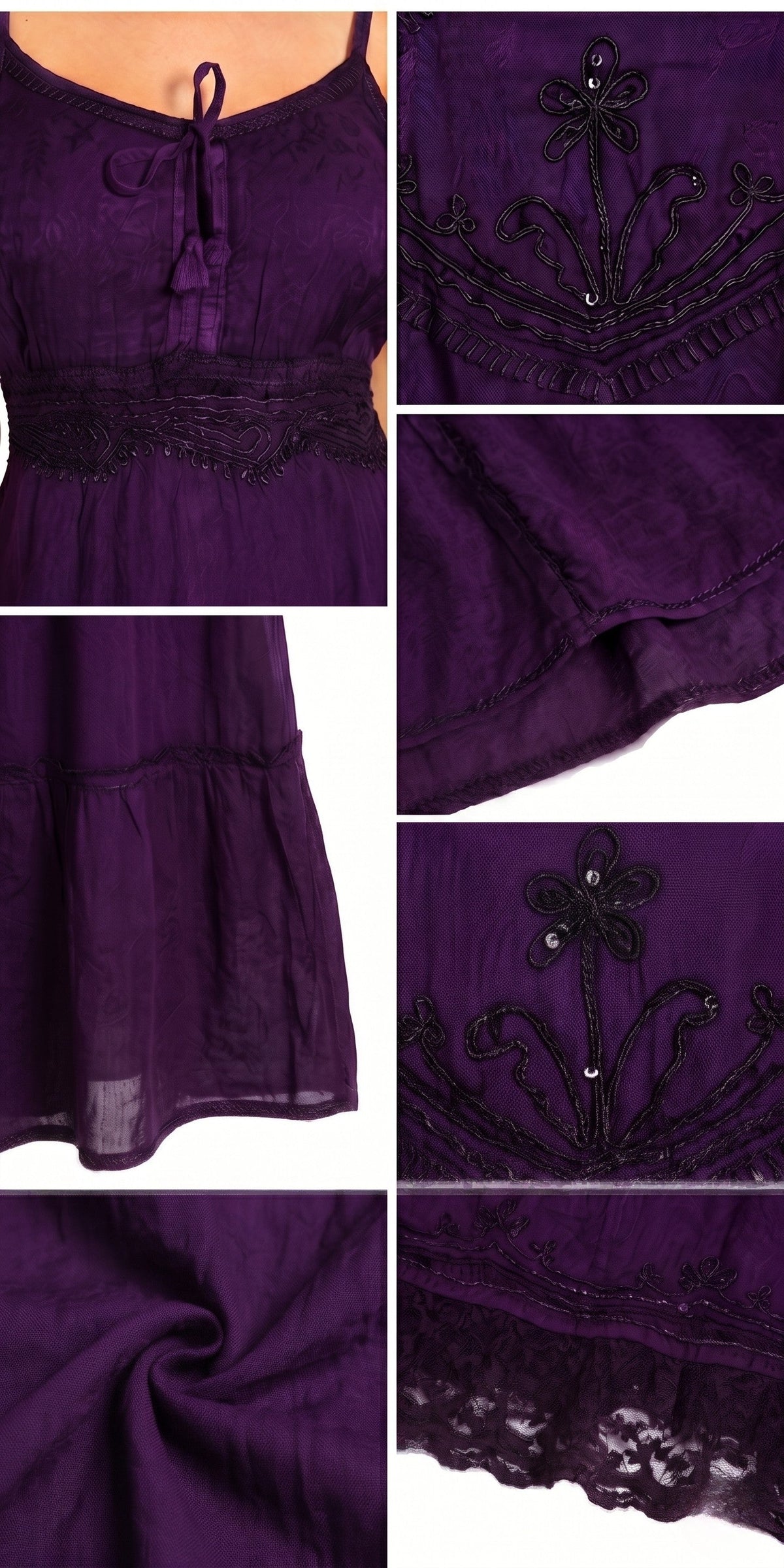 Purple embroidered spaghetti-strap dress detail with textured bodice and tiered skirt