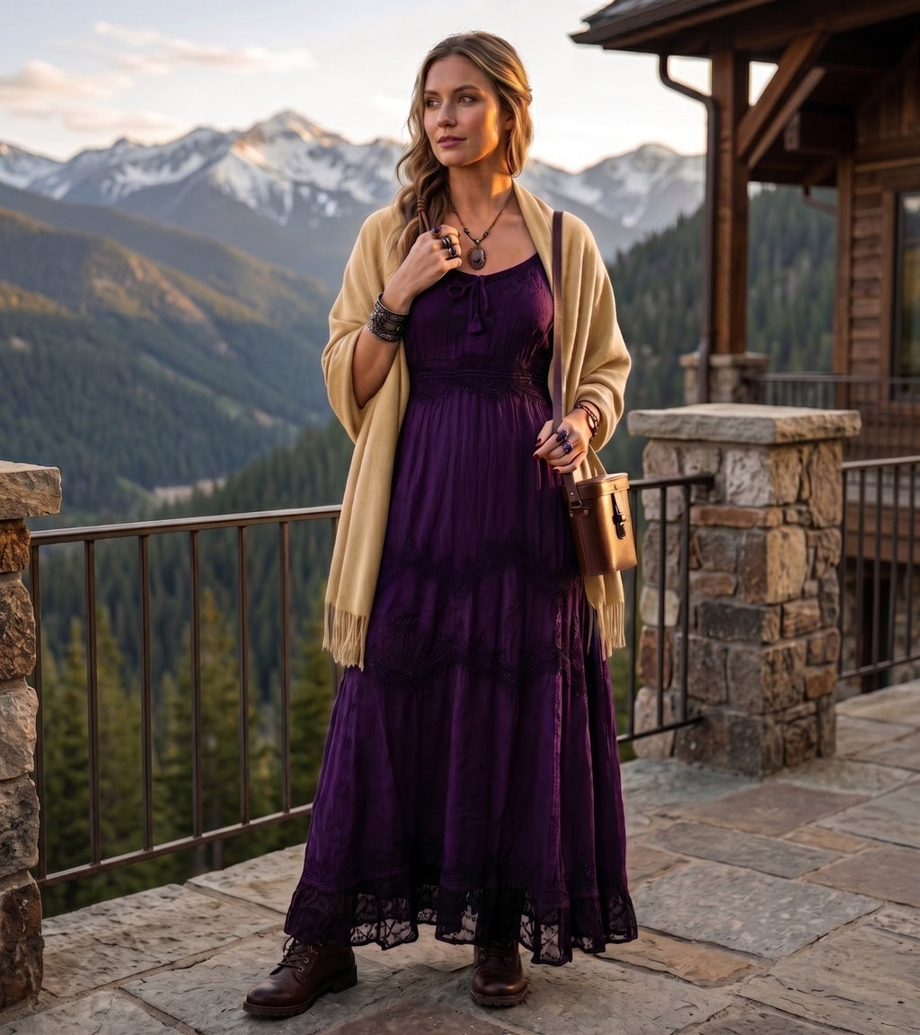 Purple long rayon dress with adjustable spaghetti straps and tiered embroidered skirt