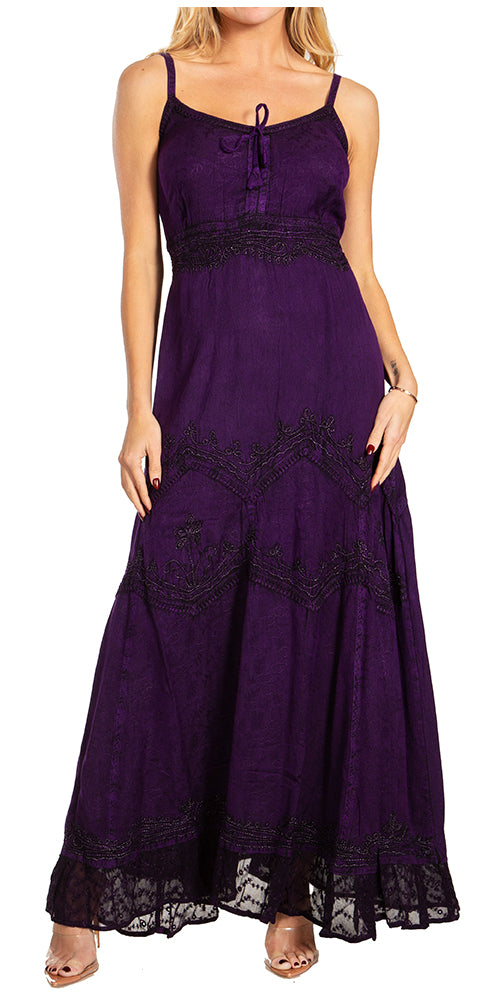 Purple stonewashed rayon long dress with embroidered trim and adjustable spaghetti straps