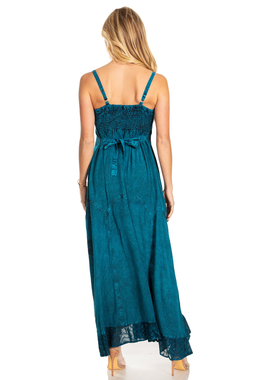 Teal long rayon dress back view with adjustable spaghetti straps and gathered waist