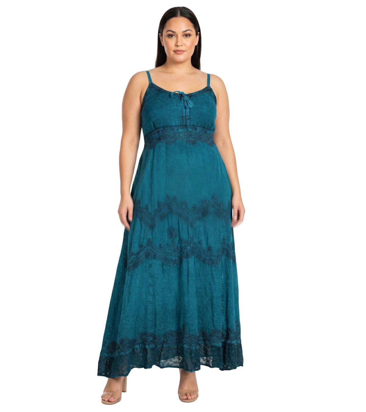 Teal long rayon dress with adjustable spaghetti straps, embroidered yoke, tiered hem