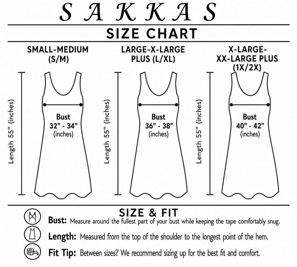 Size chart diagram for long spaghetti-strap dress measurements