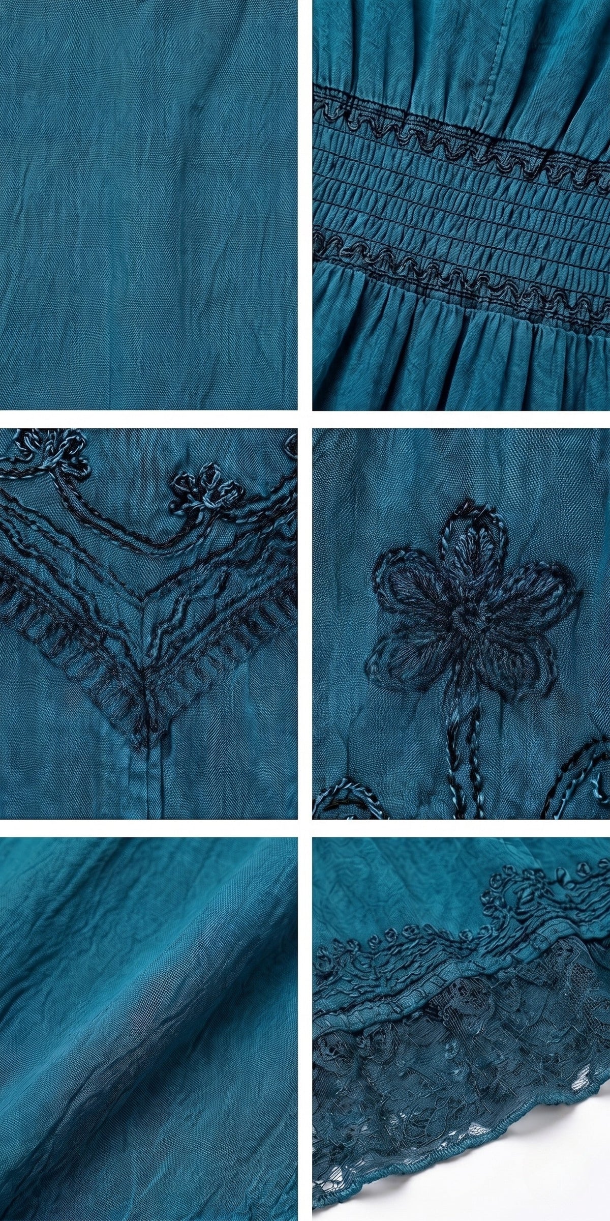 Teal dress close-up of embroidered bodice, gathered waist, and scalloped hem edge