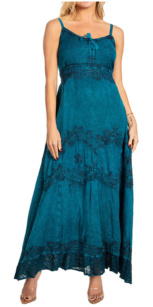 Teal long rayon dress with adjustable spaghetti straps and embroidered yoke