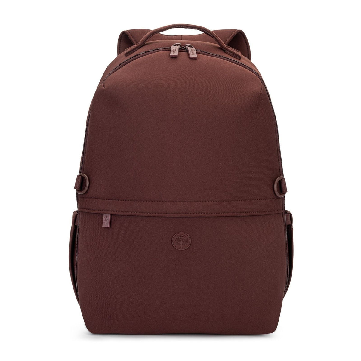 Neoprene diaper backpack in raisin brown with front zip pockets