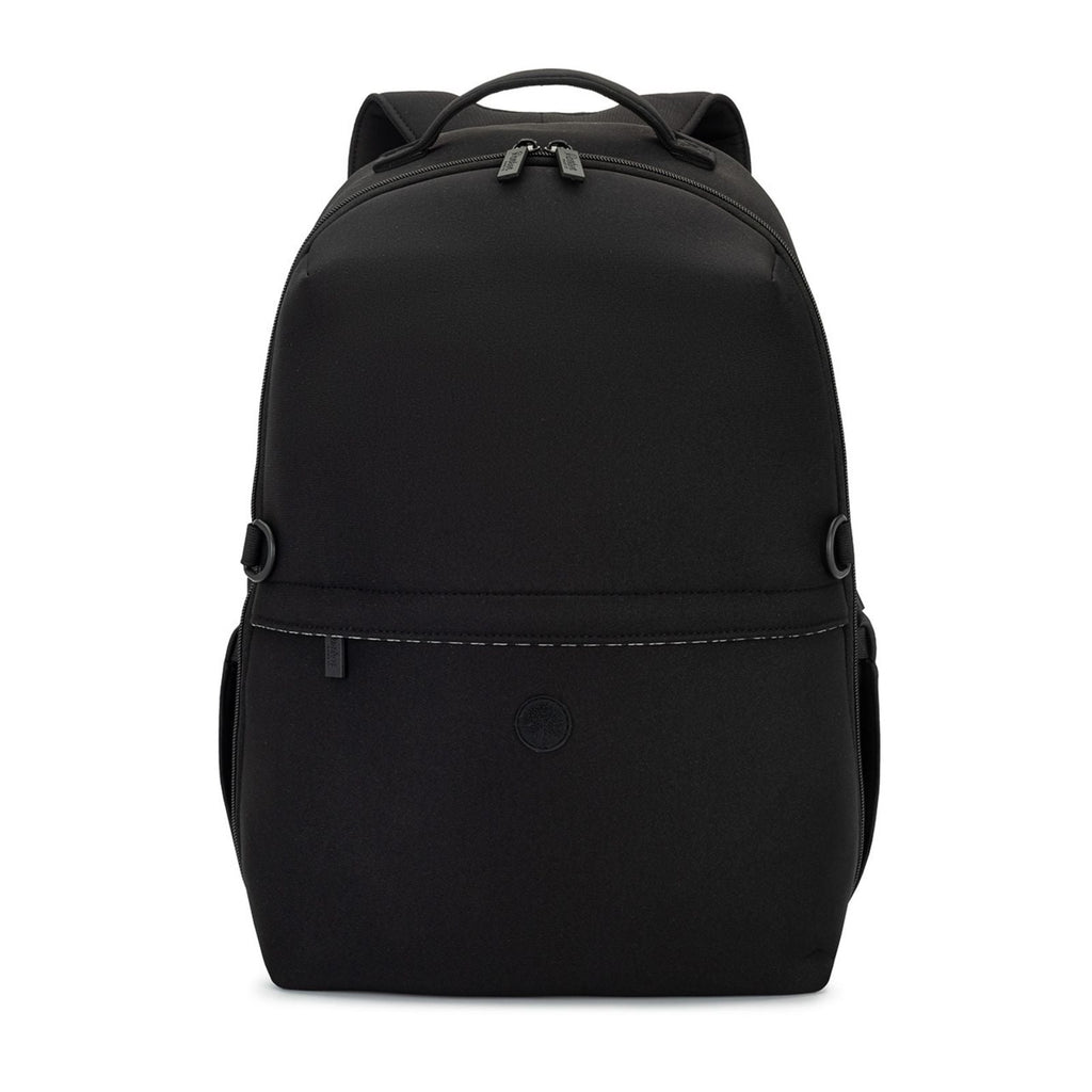 Neoprene diaper backpack in black with front zip pocket and top handle
