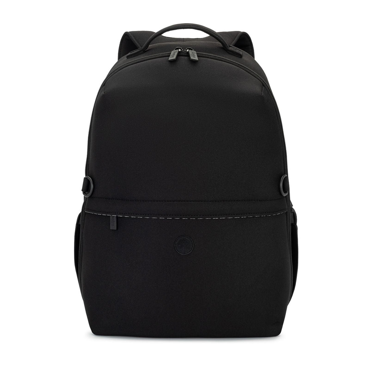 Neoprene diaper backpack in black with front zip pocket and top handle