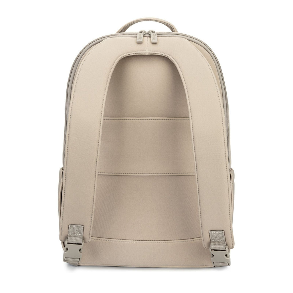 Beige diaper backpack with open top and interior storage compartments