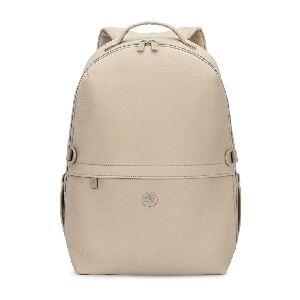 Beige neoprene diaper backpack with top handle, front zipper, small logo patch