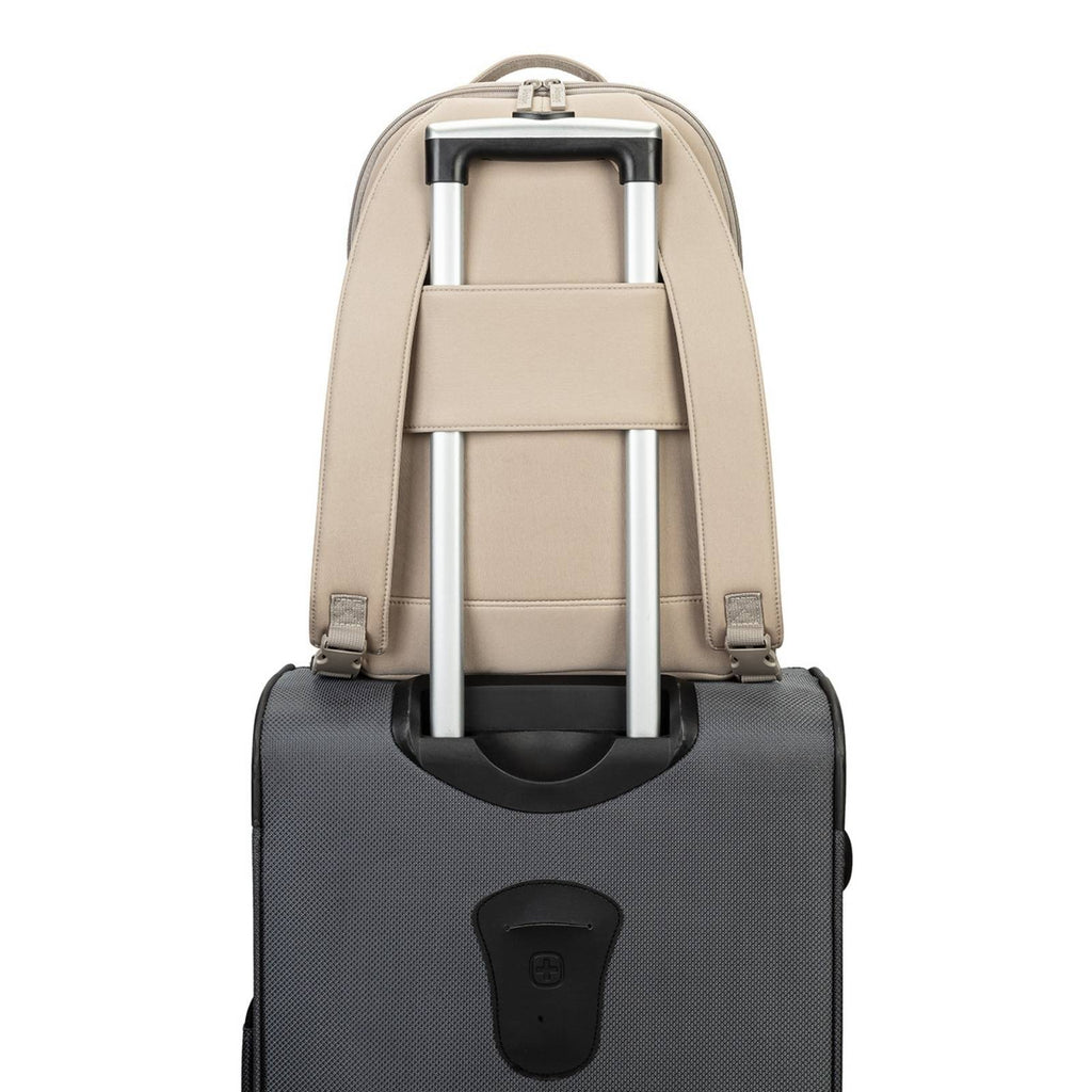 Beige neoprene diaper backpack with front organizer pocket and top handle