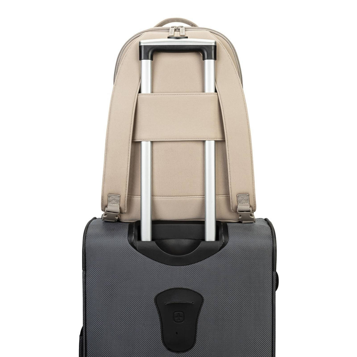 Beige neoprene diaper backpack with front organizer pocket and top handle
