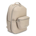 Beige neoprene diaper backpack with front zip pocket and side stroller straps