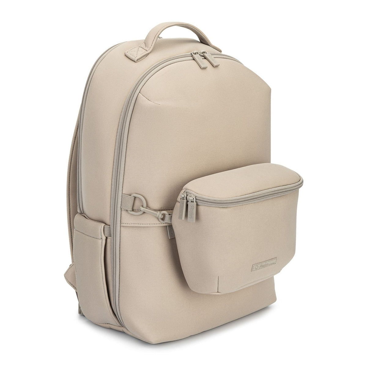 Beige neoprene diaper backpack with front zip pocket and side stroller straps