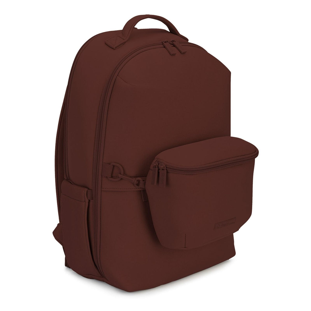 Neoprene diaper backpack in raisin brown with matching small front pouch
