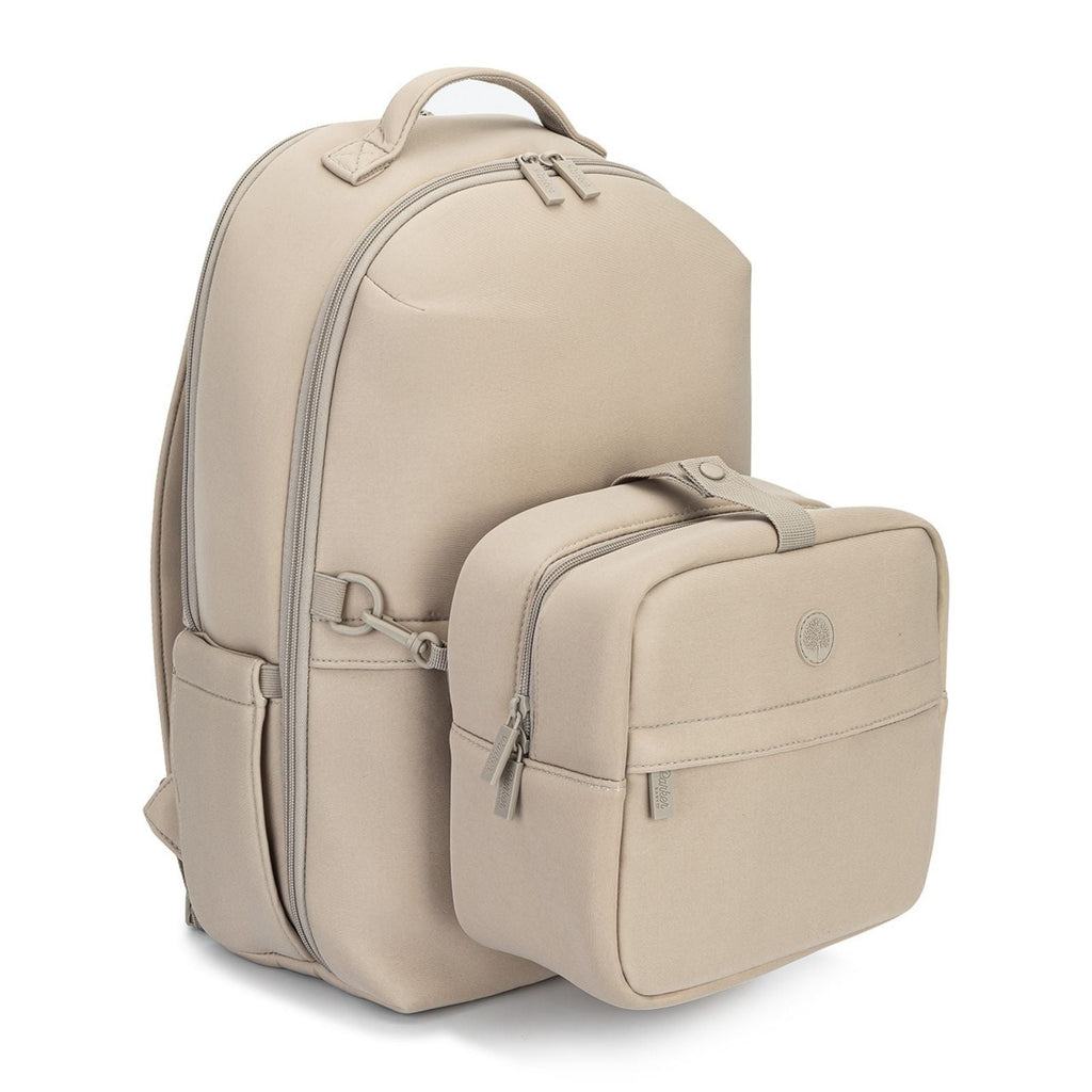 Beige diaper backpack with front organizer pouch and top carry handle