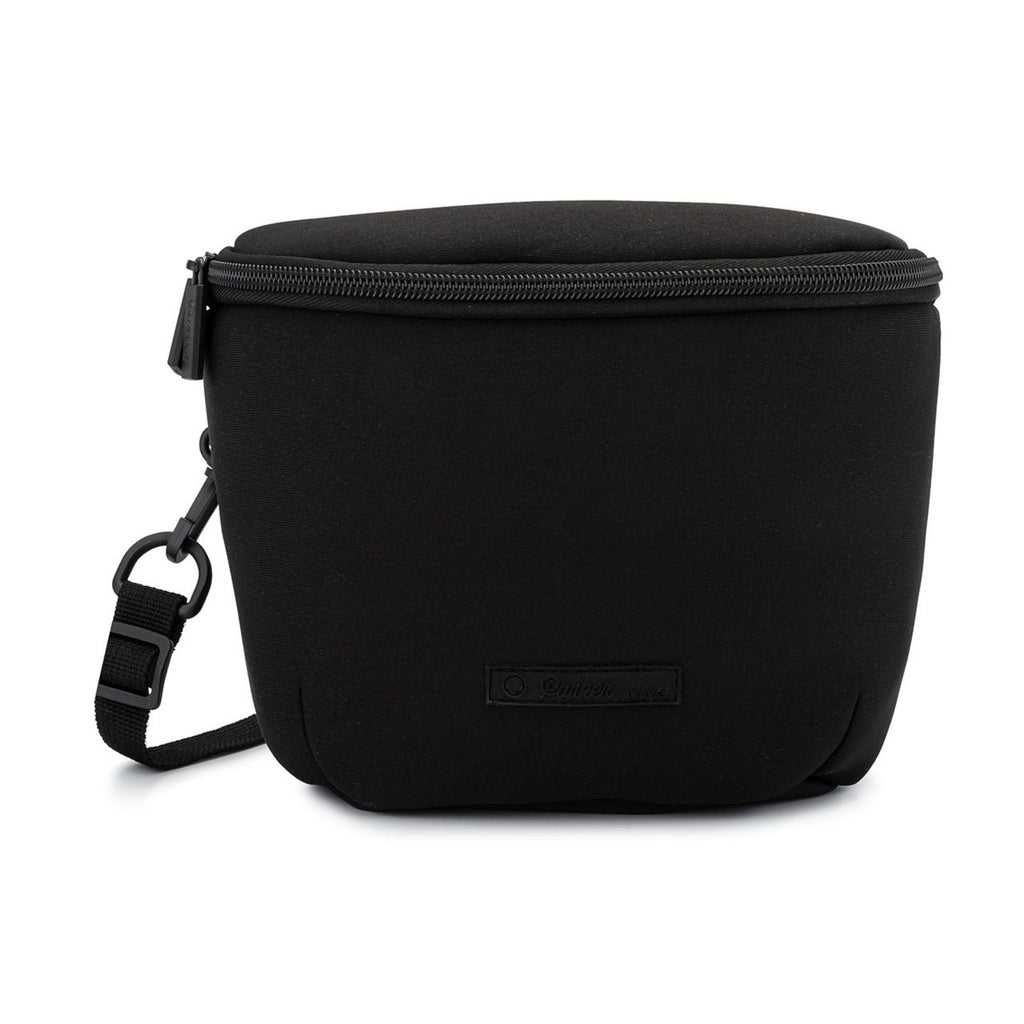 Neoprene diaper backpack in black with crossbody strap and zip top pouch