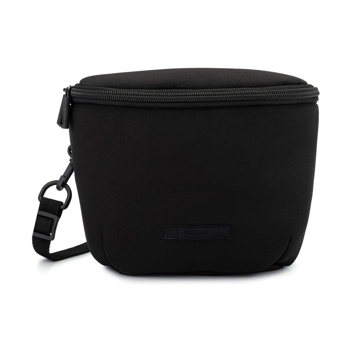 Neoprene diaper backpack in black with crossbody strap and zip top pouch