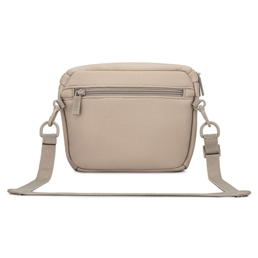 Beige neoprene crossbody pouch with front zip and adjustable strap