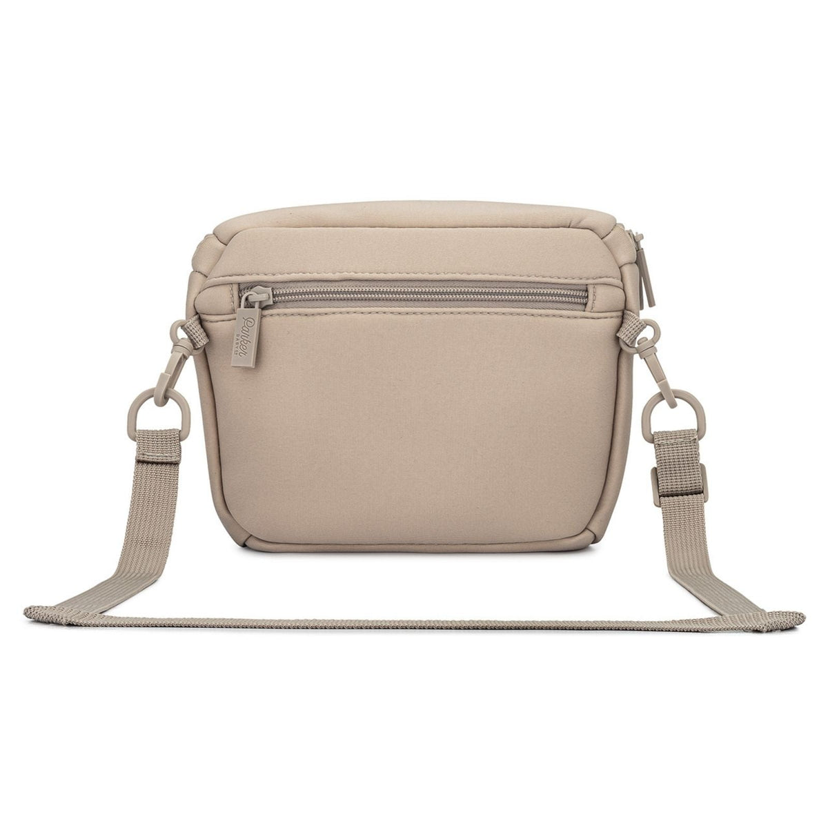 Beige neoprene crossbody pouch with front zip and adjustable strap