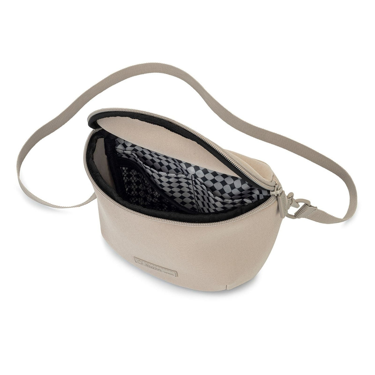 Beige crossbody belt bag with zip pocket and patterned interior lining
