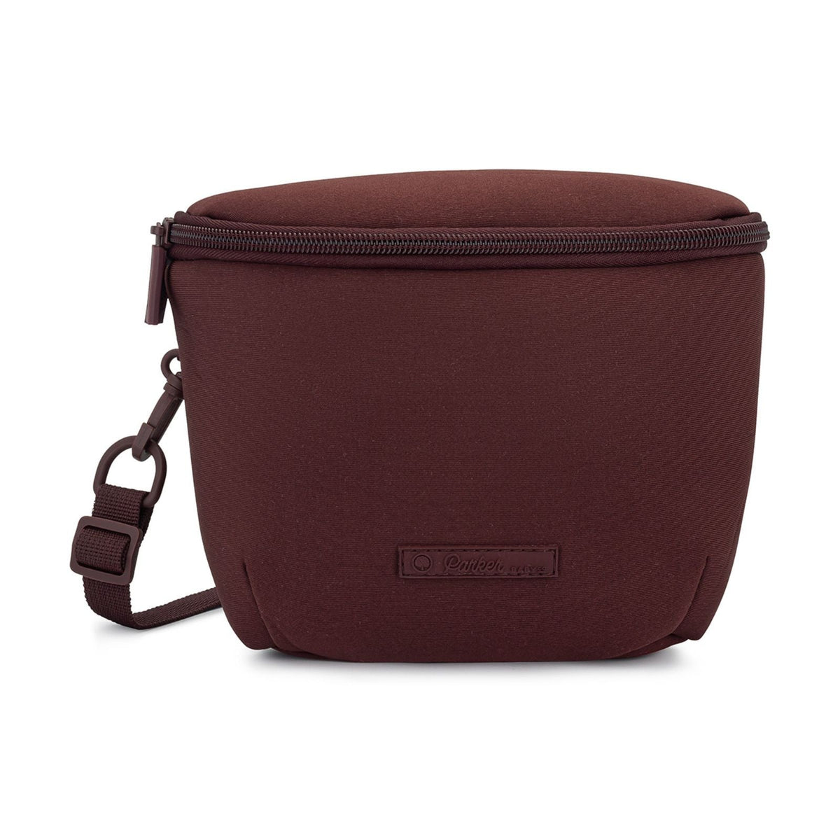 Neoprene diaper backpack in raisin brown with crossbody strap and zip top