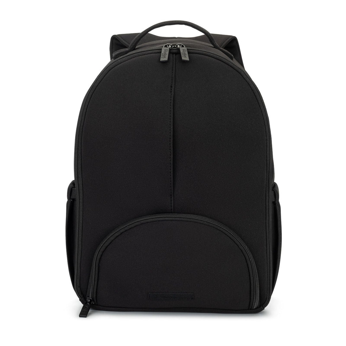 Black mini diaper backpack with top handle and front zip pocket