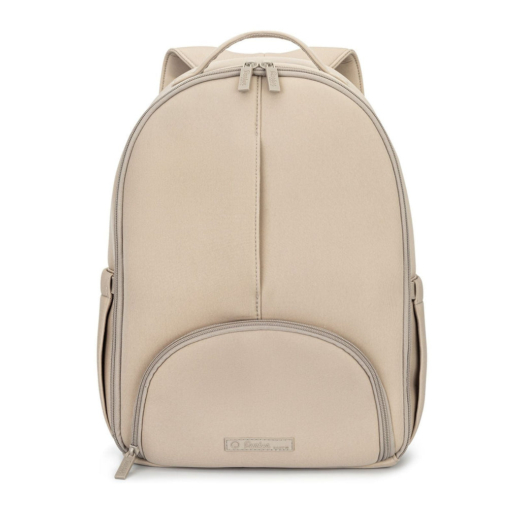 Llama beige neoprene diaper backpack, front view with curved front pocket