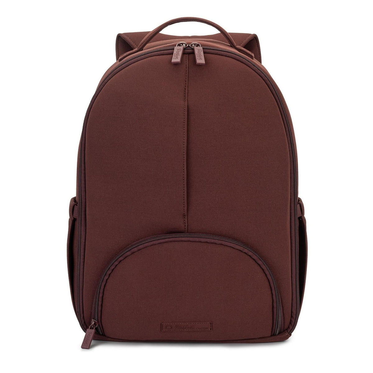 Raisin brown neoprene diaper backpack with top handle and front storage pocket
