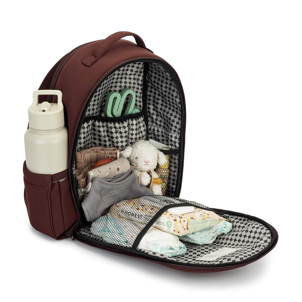 Raisin brown neoprene diaper backpack, open top with patterned interior lining