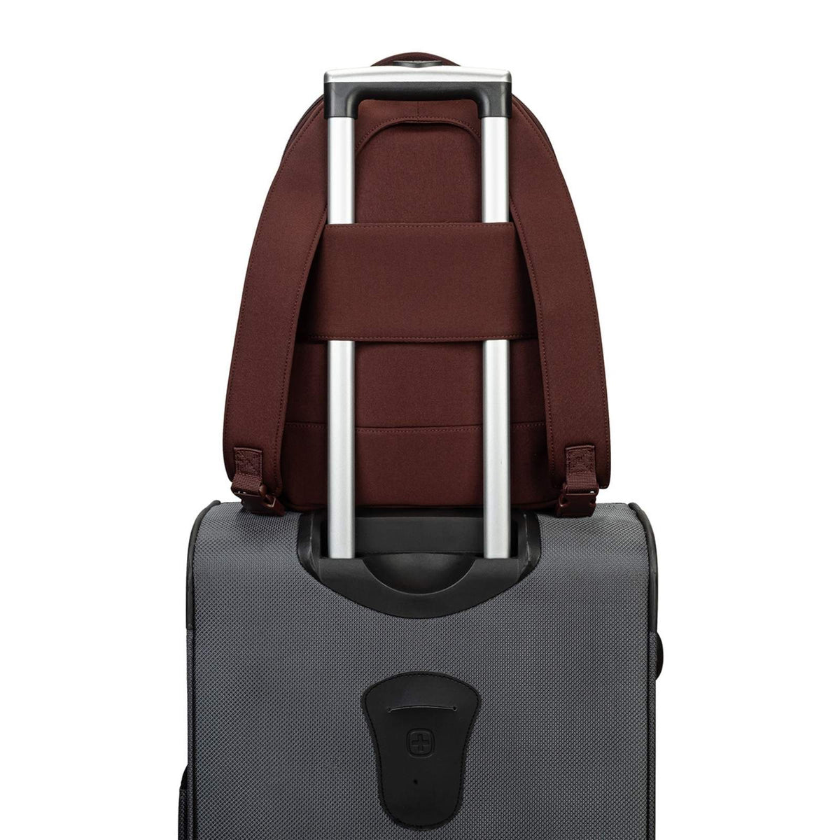 Raisin brown neoprene diaper backpack attached to a stroller frame