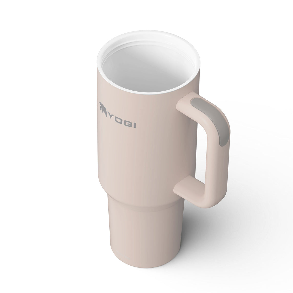 Ceramic-lined tumbler with curved handle and open top, cream finish