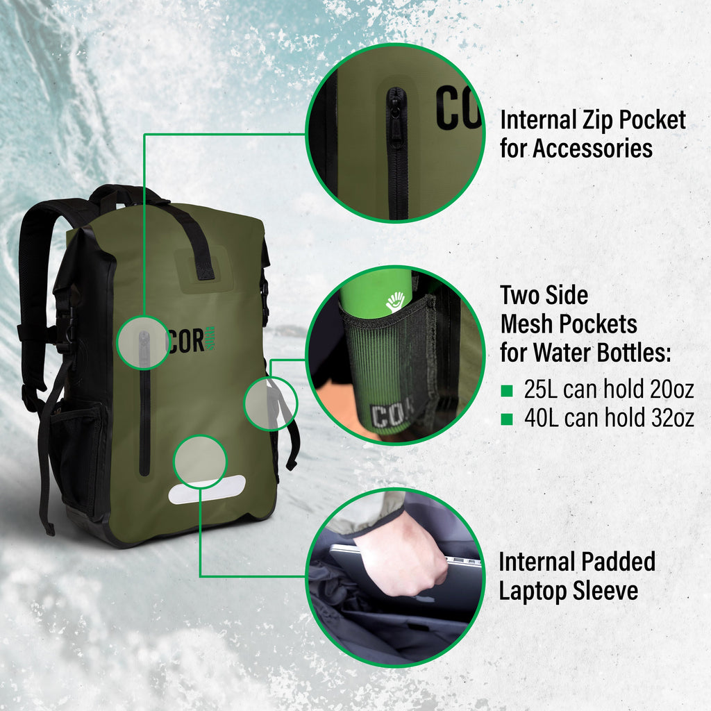Olive green waterproof dry bag backpack with roll-top closure and front zipper pocket