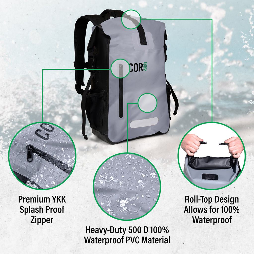 Gray waterproof dry bag backpack with roll-top top strap and front vertical zipper pocket